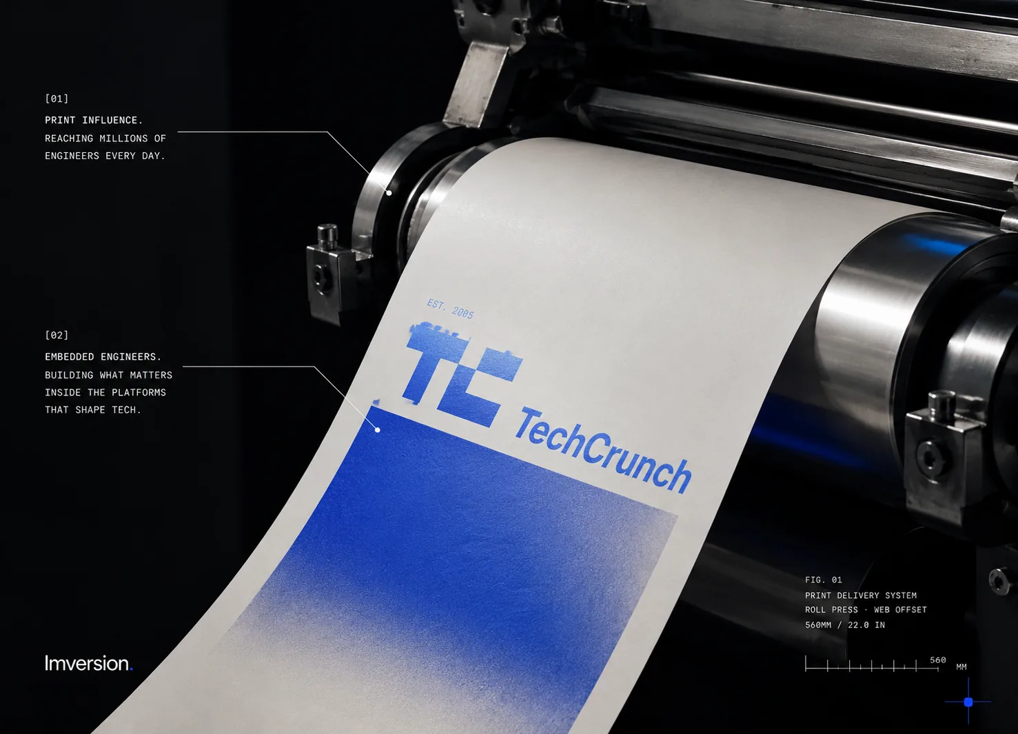 TechCrunch brand sheets running through a press