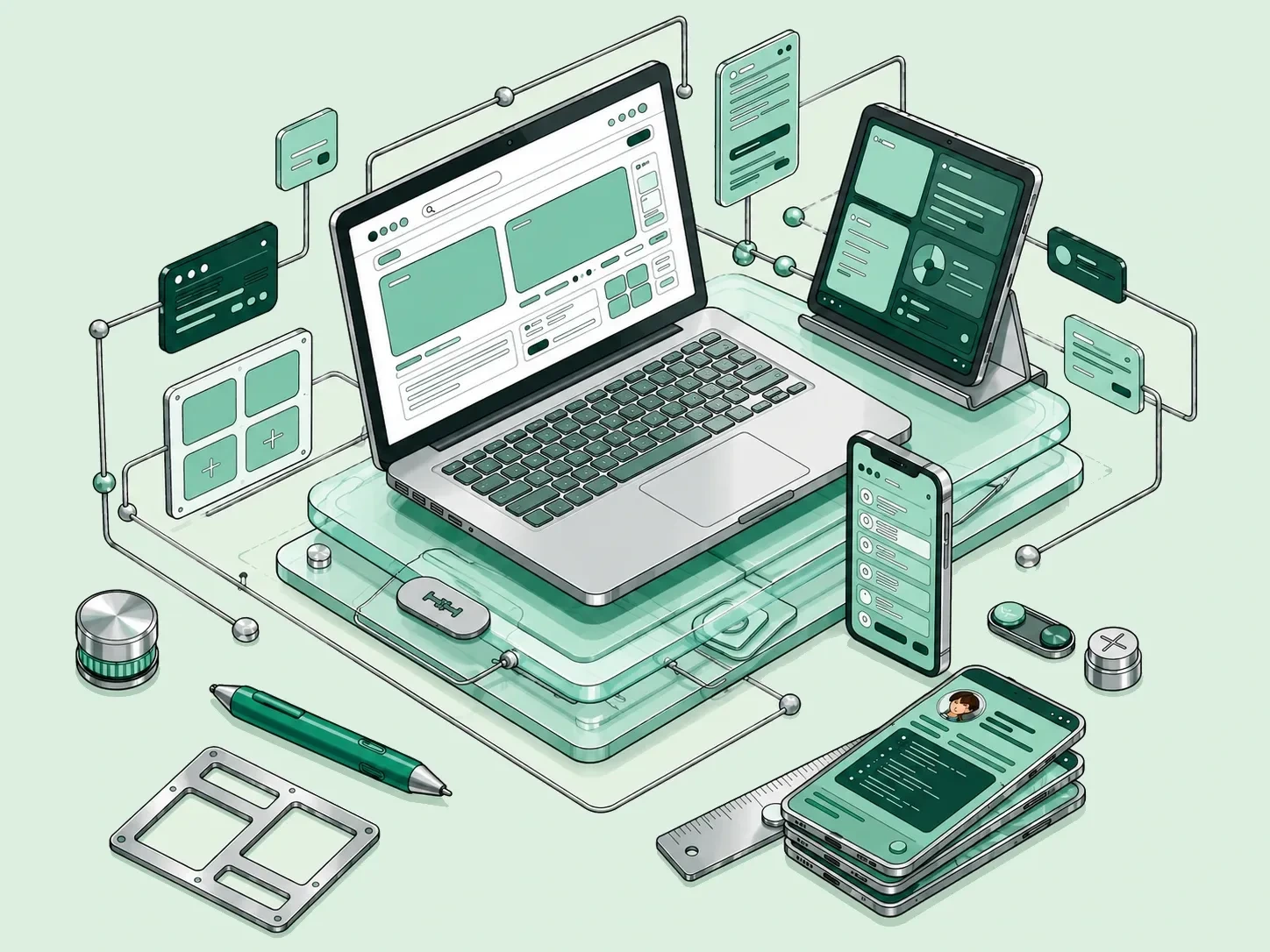 Custom software dashboard illustration across laptop, tablet, and mobile screens