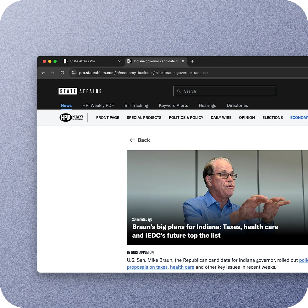State Affairs Pro article page showing Indiana governor candidate news coverage