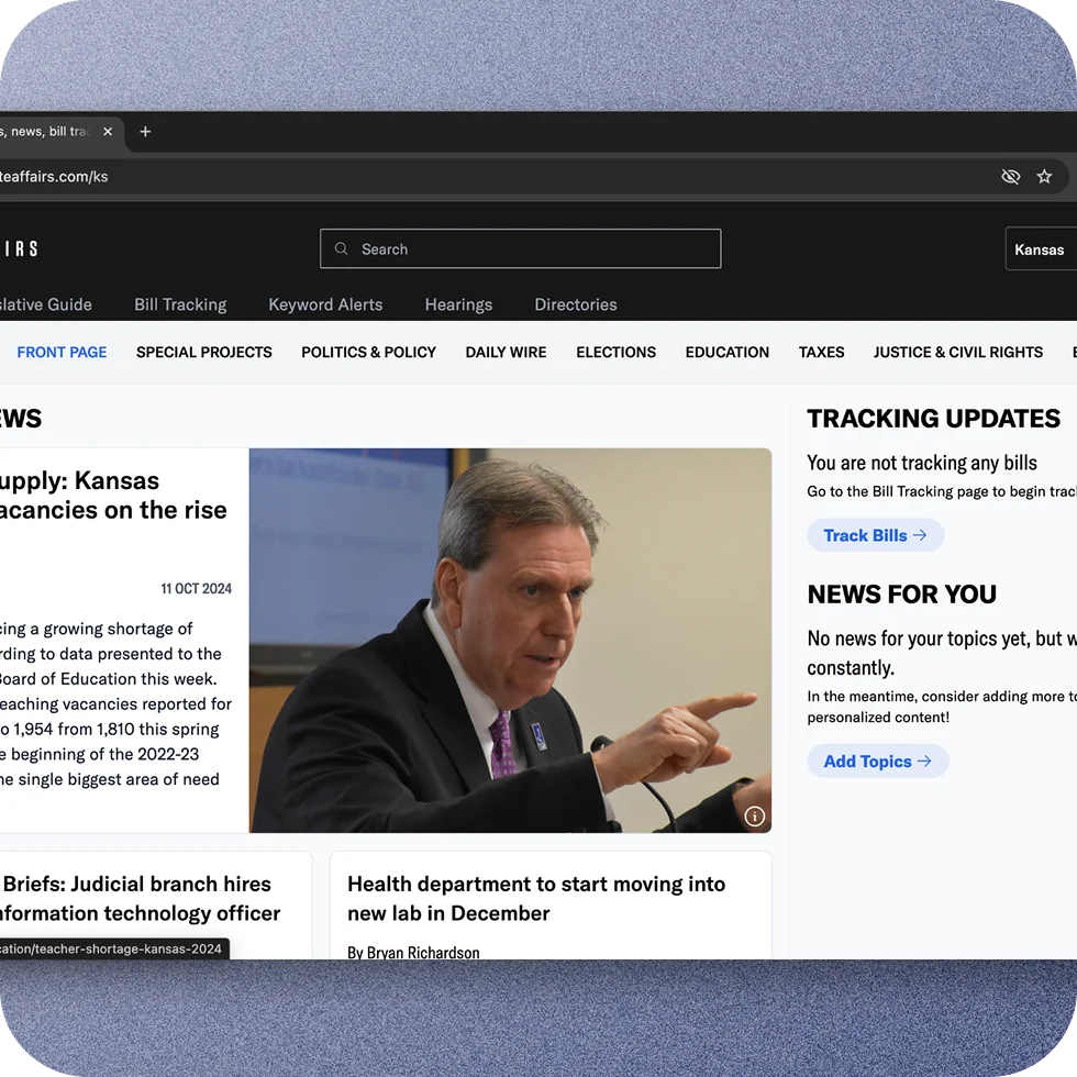 State Affairs Kansas state page with news feed and bill tracking features