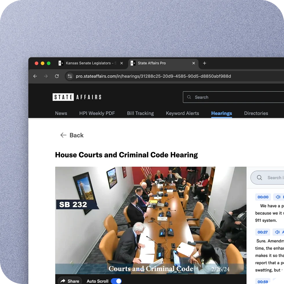 State Affairs platform interface with legislative tools and state selection