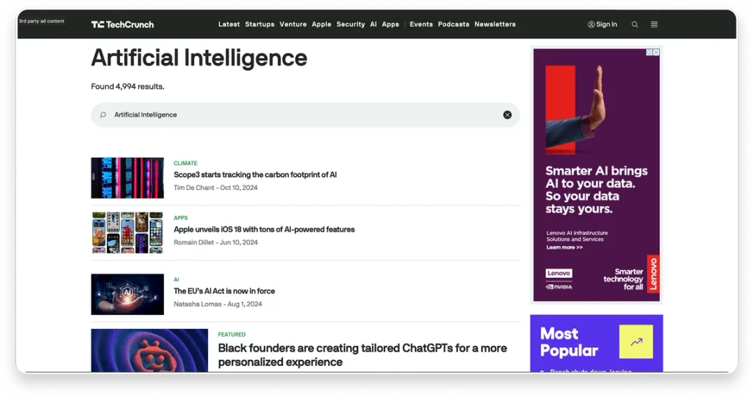 TechCrunch mobile responsive design