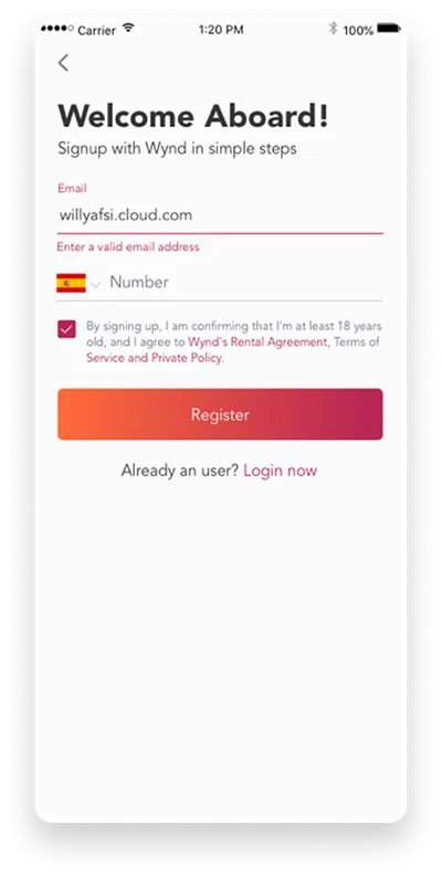 Wynd app payment details screen